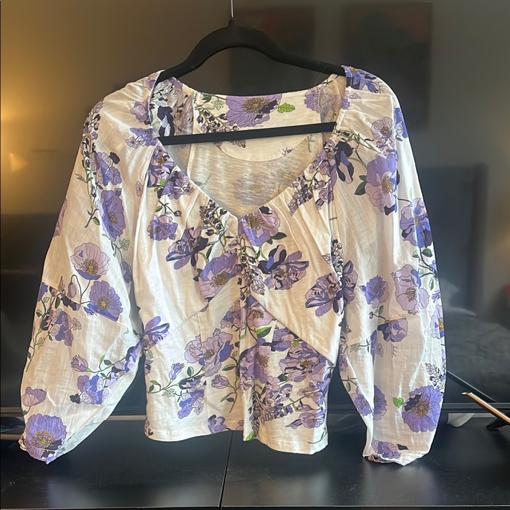 Anthropologie Floral Purple and White Women's Top